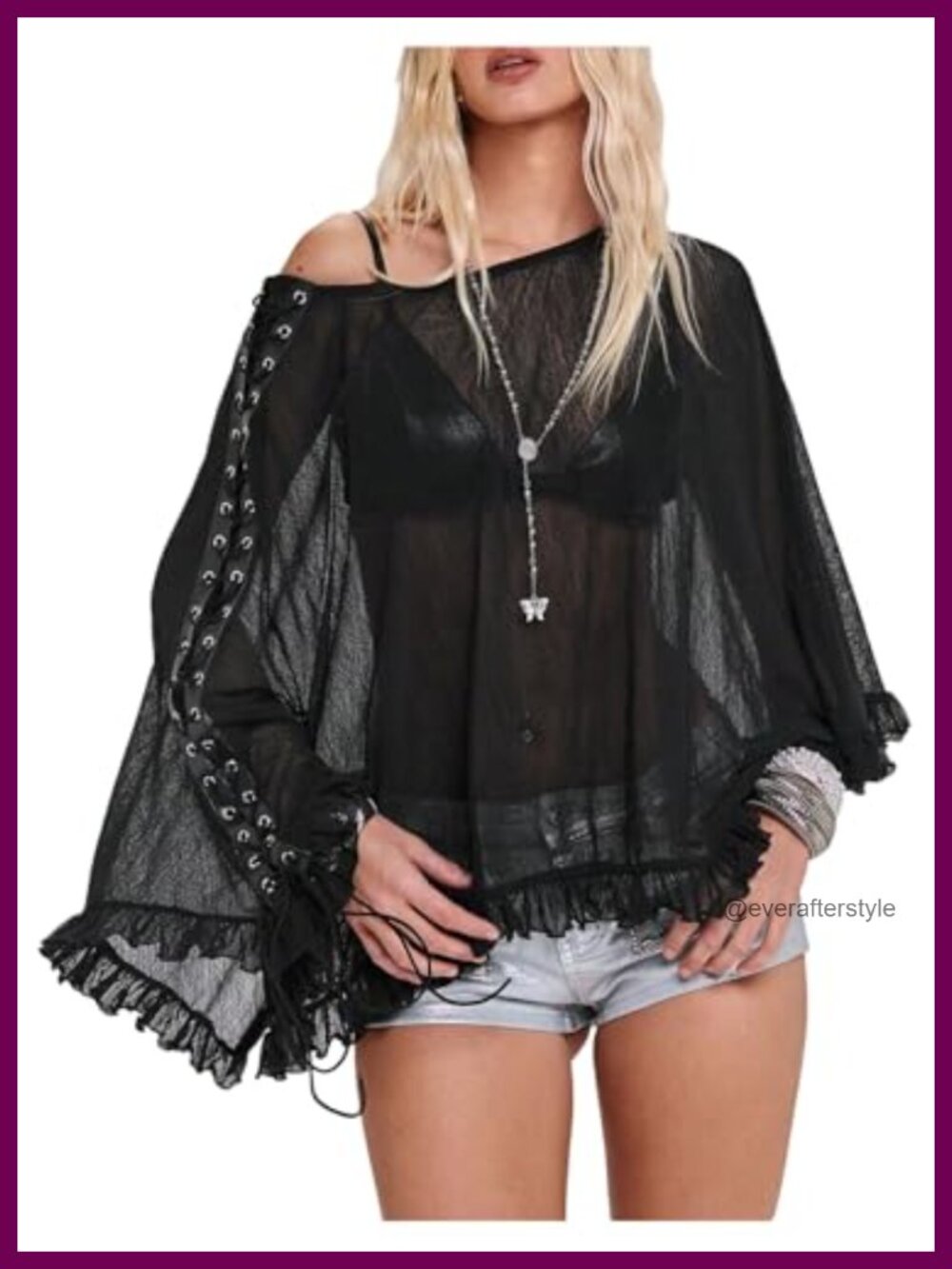 Sheer Mesh Poncho Top Off Shoulder Lace Up Y2K Goth Blouse